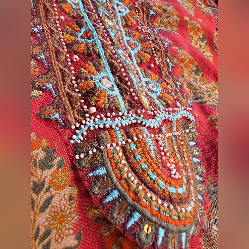Soft Surroundings Red Paisley Midi Dress with Blue Trim - Picture 6 of 9